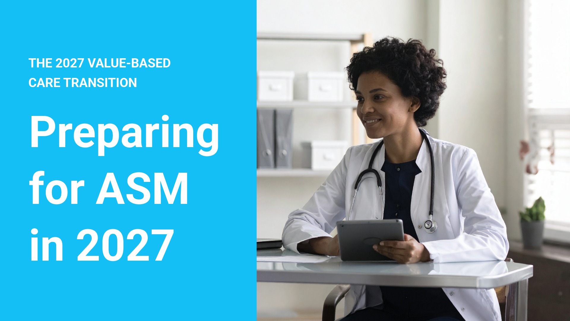 Preparing for ASM in 2027 — physician holding a tablet beside Murj’s blue headline panel.